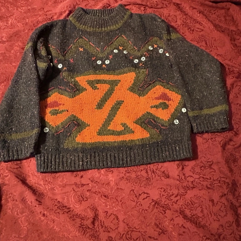 Gray and Orange Crewneck Sweater with Geometric Design